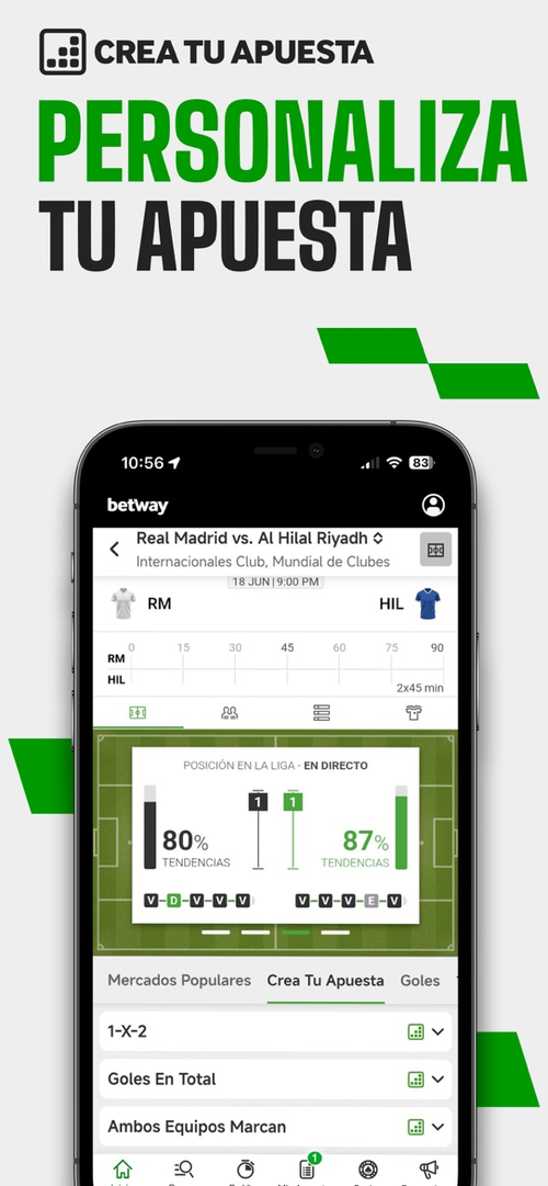 App móvil de Betway - pantalla principal